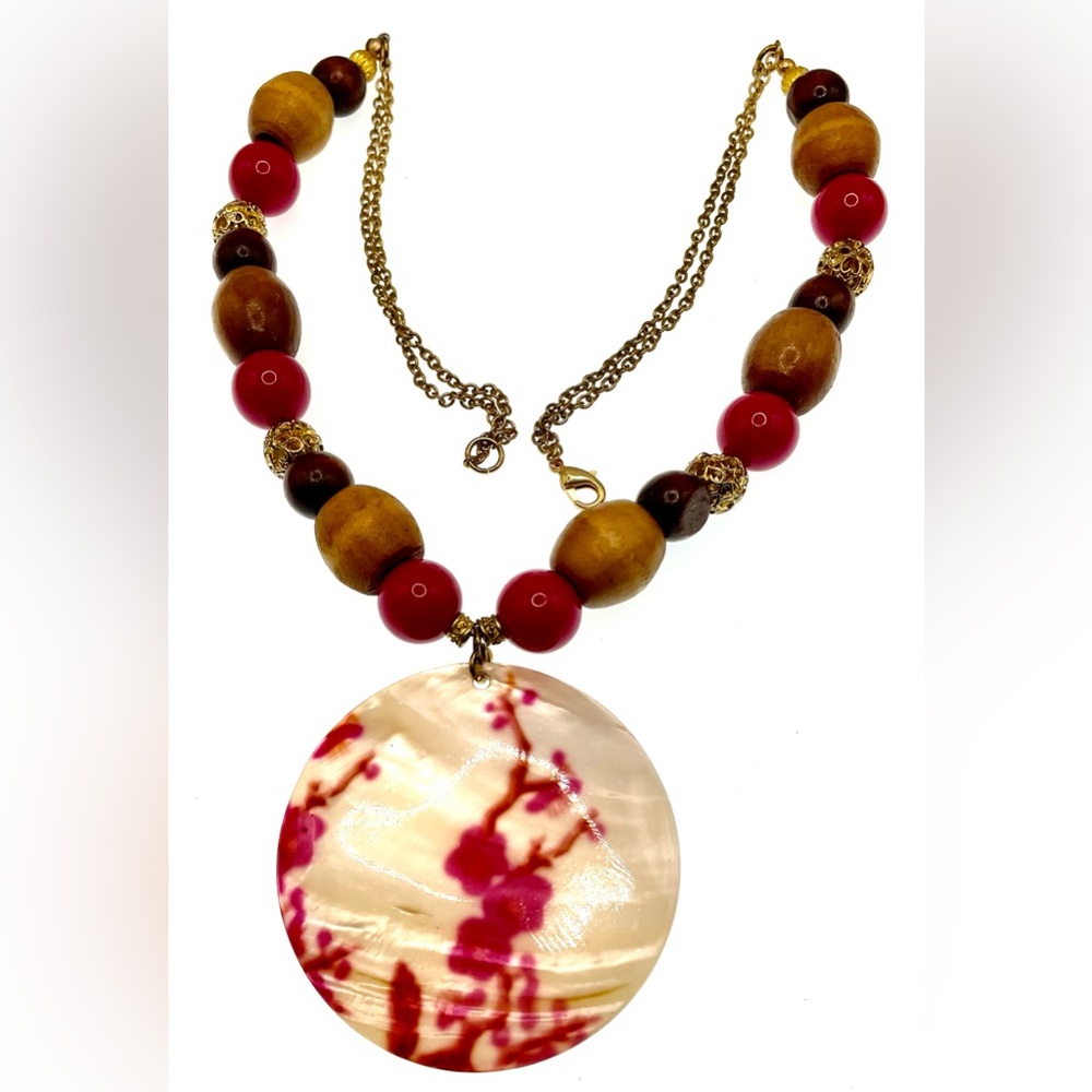 3 for $30 Boho Gold Tone Statement Necklace Wooden Beads Mother of Pearl